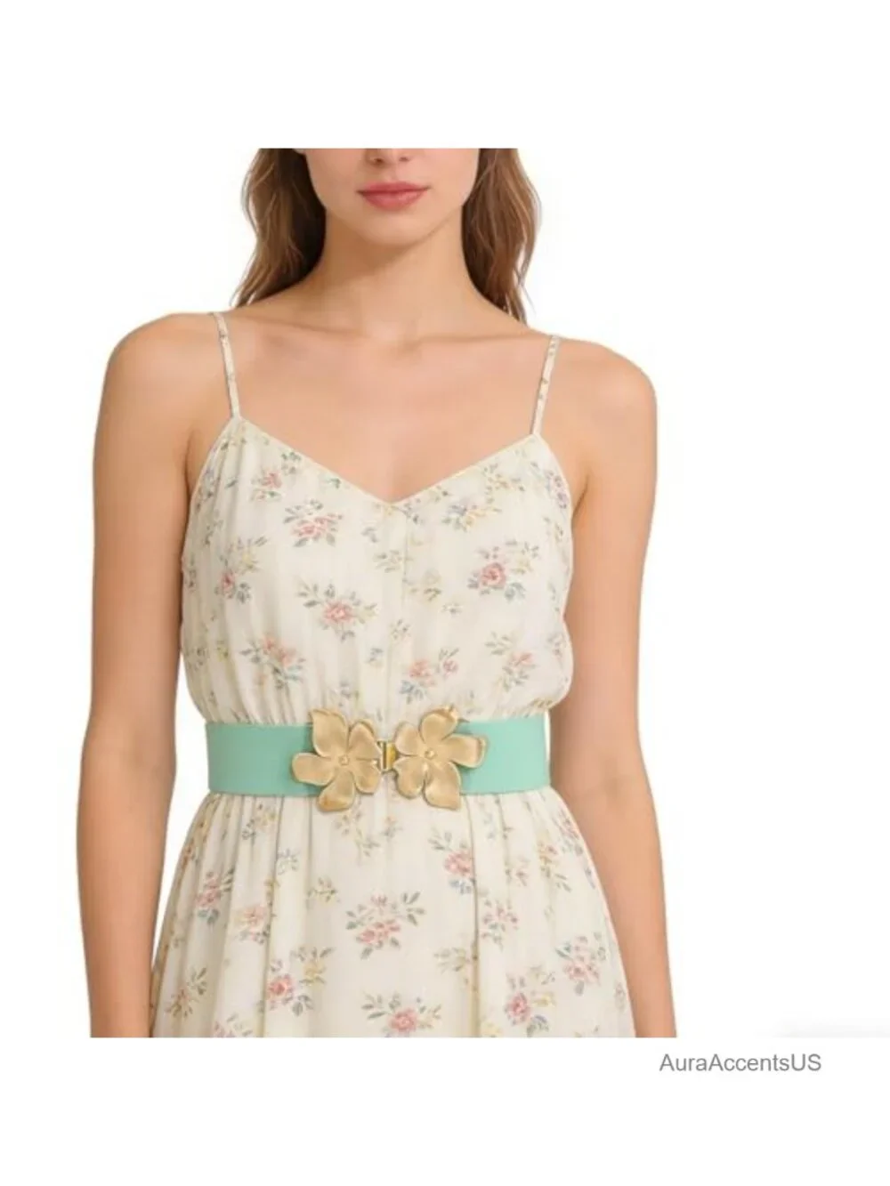 Stretch Elastic Waist Belt with Flower Buckle for Dresses